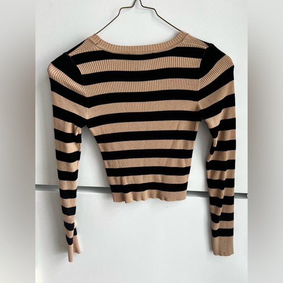 CLEARANCE Women’s Small Cropped Striped Black and Tan Sweater - Picture 2 of 10
